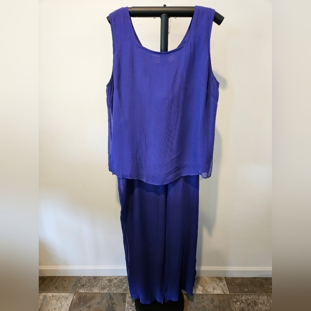 CAITE VIBRANT BLUE TOP & PANT SET HAS SHEER OVERLAY ON SOLID LINING SIZE XL